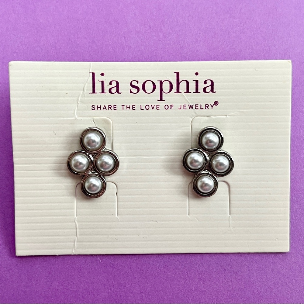 Lia Sophia "Petit Four" Silver Tone w/Faux Pearl Stud Earrings